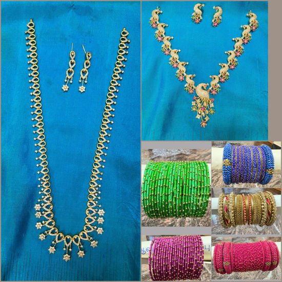 Picture of Combo of AD stone necklace, haram and Silk Thread and kundan stone Bangles - Size 2.6