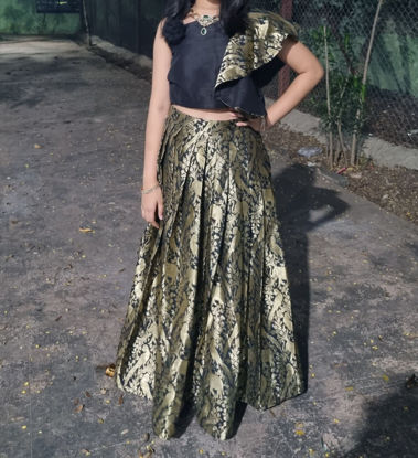 Picture of Black and gold beautiful banaras lehanga and raw silk crop top for 10-12Y
