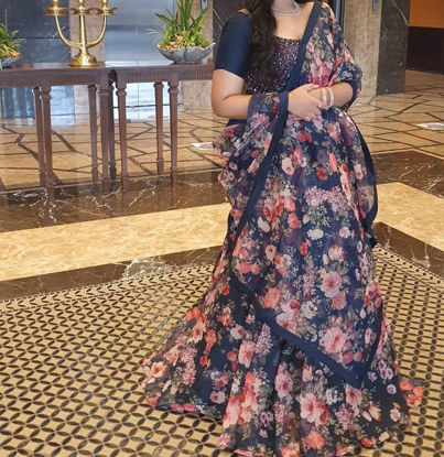 Picture of Organza Floral Navy Blue Lehenga