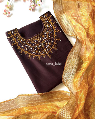 Picture of Brown hand work Kurti with bhandhini duppata