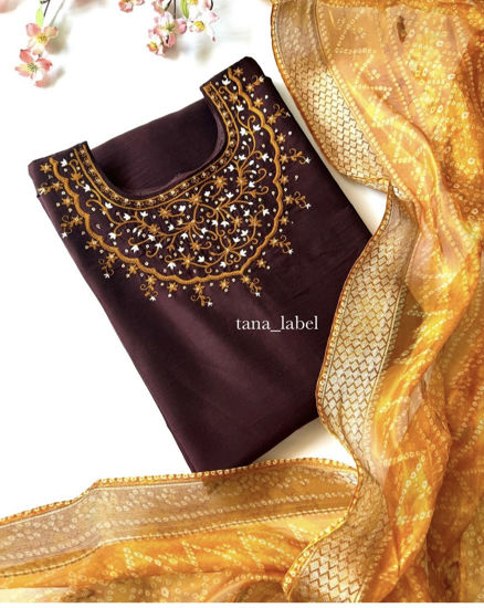 Picture of Brown hand work Kurti with bhandhini duppata