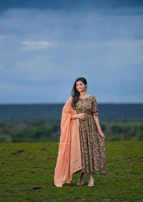 Picture of Kalamkari printed cambric Anarkali with organza dupatta from Vastrasuka