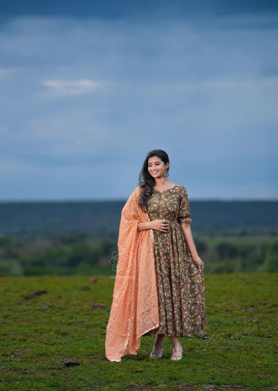 Picture of Kalamkari printed cambric Anarkali with organza dupatta from Vastrasuka