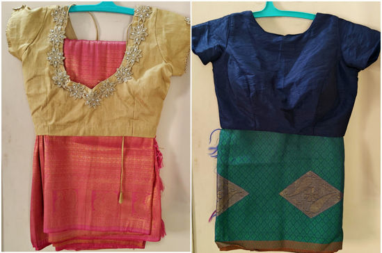 Picture of Peacock border semi pattu saree with blouse and peacock blue soft cotton saree with blouse