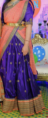 Picture of Royal blue & peach raw silk half saree with maggam work blouse