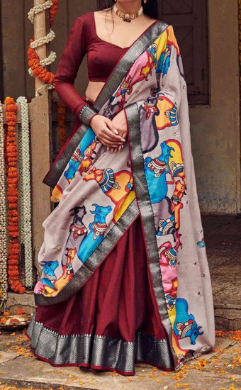Picture of Maroon and grey half saree from bullion knot