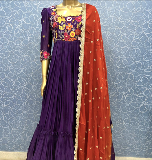 Picture of Hand embroidered designer long frock with dupatta