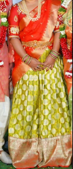 Picture of Mehandi green and Red Traditional half saree