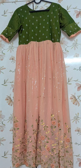 Picture of Peach and mehendi green work long frock