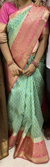 Picture of Pista Green pure chanderi Saree with contrast Pink border