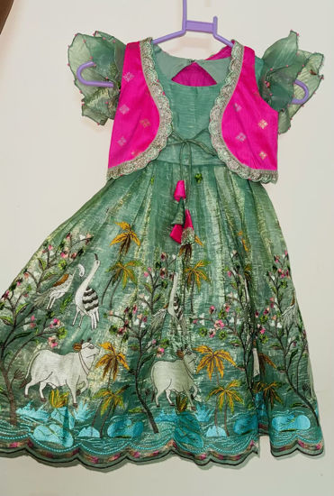 Picture of Beautiful Embroidery Green Frock with Pink Over coat For 2-4Y