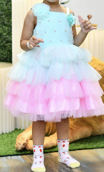 Picture of Pearl embellished Yolk and Layered Tulle frock with Teal and Pink color for 3-4Y