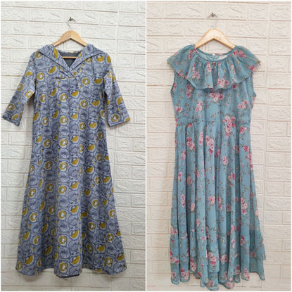 Picture of Combo of Cotton Block Printed A-Line Frock & Georgette Frock