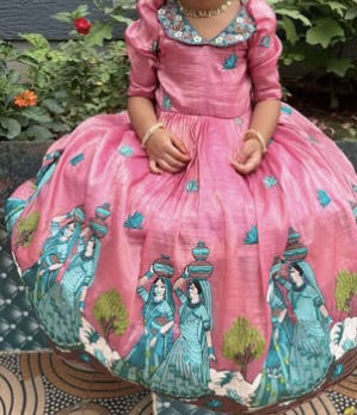 Picture of Cosmos silk long frock with embroidery work on collar neck For 2-4Y