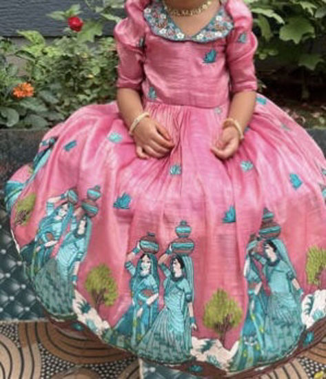 Picture of Cosmos silk long frock with embroidery work on collar neck For 2-4Y