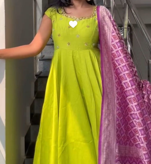 Picture of Lime green long dress with pink dupatta
