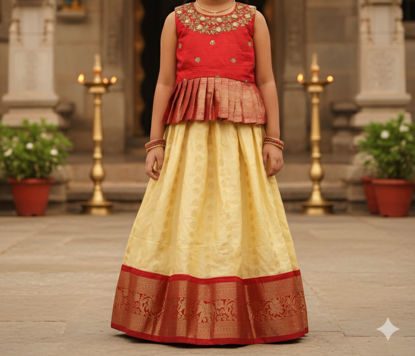 Picture of Ivory pattu lehenga with pleated maggam work red blouse For 4-6Y