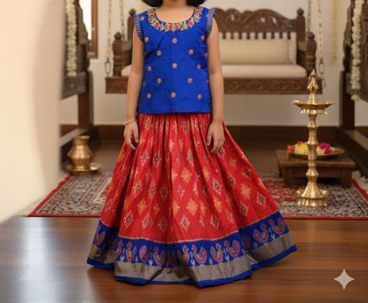 Picture of Pink Ikkat lehenga with blue maggam work blouse For 3-4Y