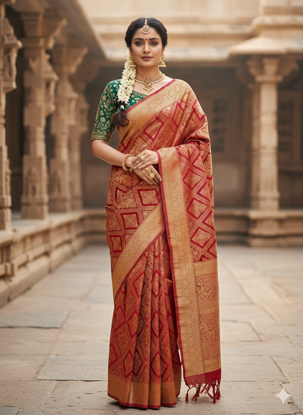 Picture of Maroon pattu saree with all over peacock design (semi soft kanchipattu)