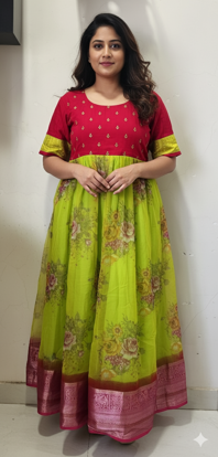 Picture of Pink and parrot green long frock