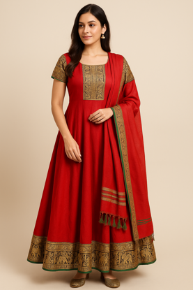 Picture of Cherry red narayanapet cotton Anarkali