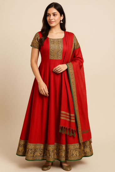 Picture of Cherry red narayanapet cotton Anarkali