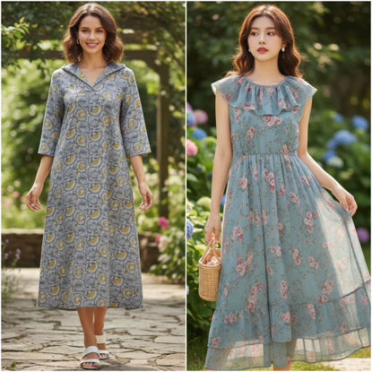 Picture of Combo of Cotton Block Printed A-Line Frock & Georgette Frock