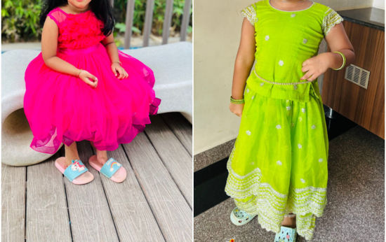 Picture of Parrot green lehenga & rose pink frock For 2-3Y