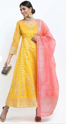 Picture of Yellow ethnic Anarkali dress with peach dupatta