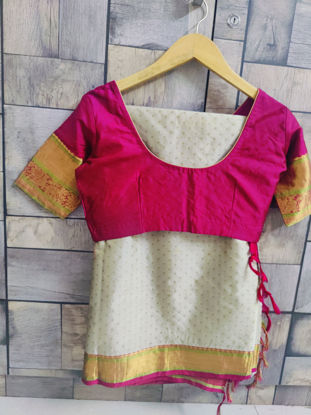 Picture of Ash colour pattu saree with magenta pink blouse