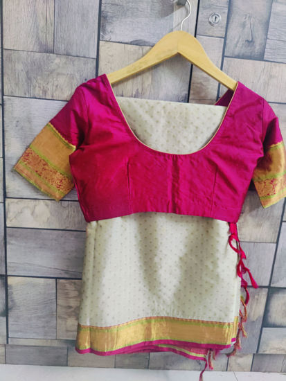 Picture of Ash colour pattu saree with magenta pink blouse