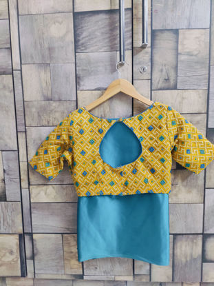 Picture of Peacock blue satin saree with gold blouse