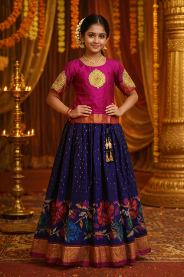 Picture of Ikkat Pattu pavada with maggam work blouse For 10-13Y