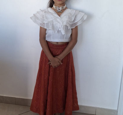 Picture of White ruffled top with orange lehanga For 4Y