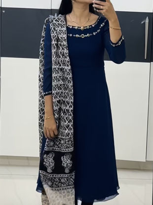 Picture of Blue A-line kurti with kalamkari duppata