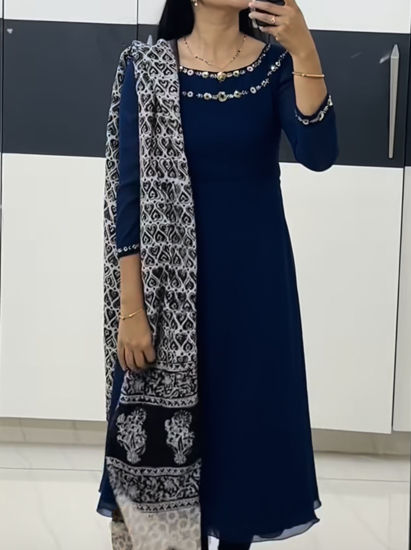 Picture of Blue A-line kurti with kalamkari duppata