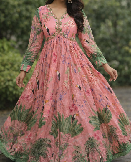 Picture of Chiffon Floral and Bird Motiffs Dress