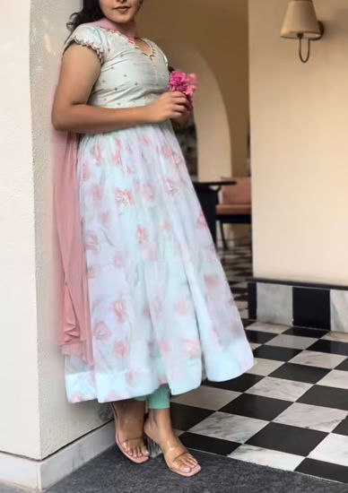 Picture of Sea Blue floral Anarkali with pink net Duppata