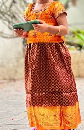 Picture of Pure silk Brown pattu pavada For 1-2Y