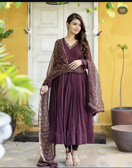 Picture of Anasuya couture Chocolate brown Chanderi silk Anarkali  with print duppata