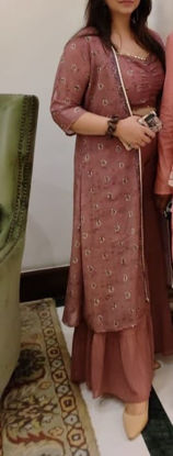 Picture of Dusty Rose/Mauve Printed Indo-Western Sharara Set with shrug