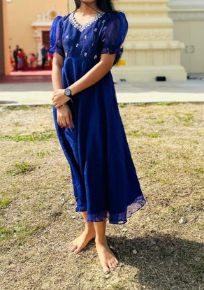 Picture of Blue hand worked rawsilk and organza ankle length dress
