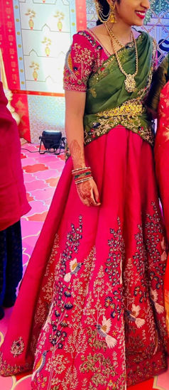 Picture of Pure Raw Silk Green Organza Lehenga with handwork Blouse