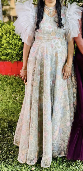 Picture of Pastel floral party gown with tulle sleeves