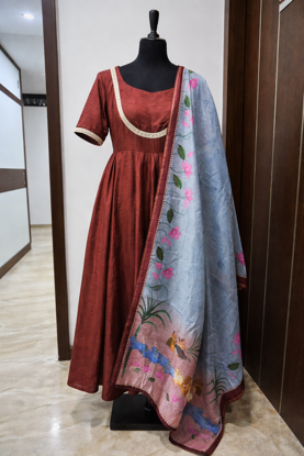Picture of Elegant Rust Silk Dress with Printed Dupatta