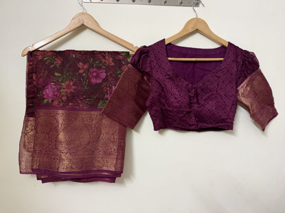 Picture of Pure linen floral saree with zari border puff sleeve blouse