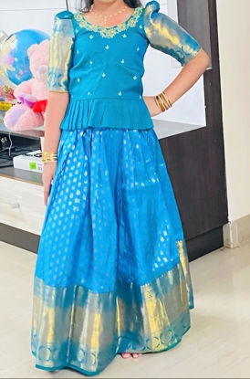 Picture of Blue pattu lehanga with maggam work blouse For 6-8Y