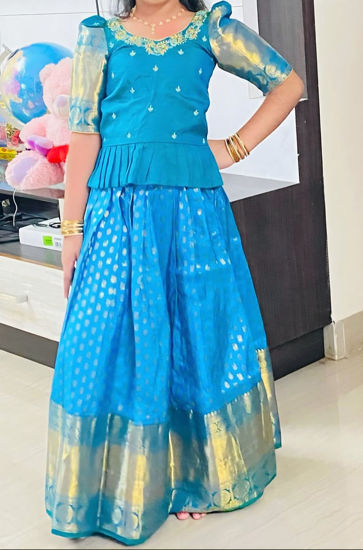 Picture of Blue pattu lehanga with maggam work blouse For 6-8Y