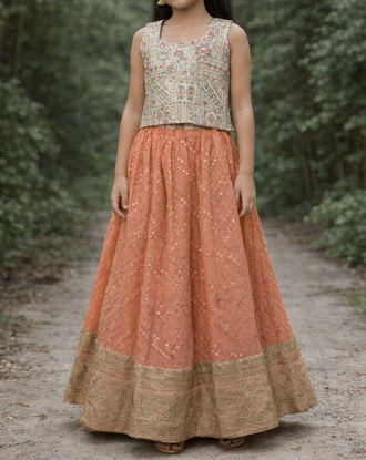 Picture of Peach and off white beautiful embroidered lehenga set For 6-8Y