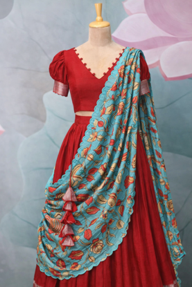 Picture of Mangalgiri Pattu Lehenga with kalamkari dupatta
